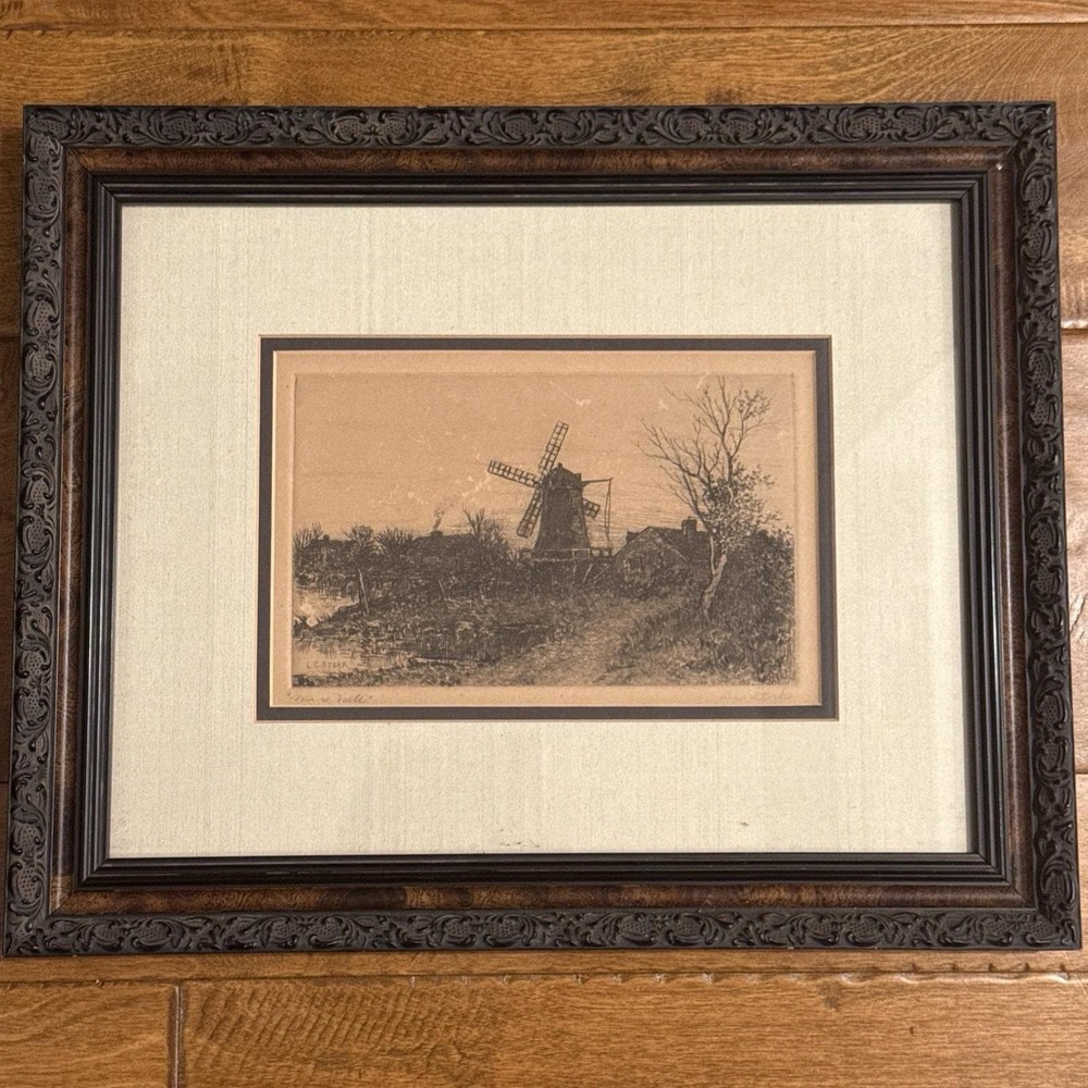 L.C. Stork "Wind‎ Mill" – Signed Original Etching, c. 1910 – Framed 16″×13″